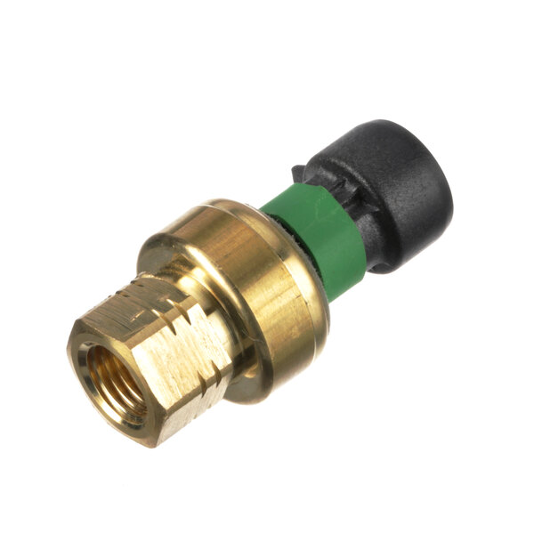 A brass Cornelius sensor transducer with black and green plastic connectors.
