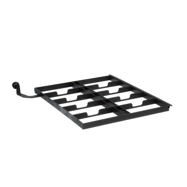 A black metal grid with square holes and a handle.