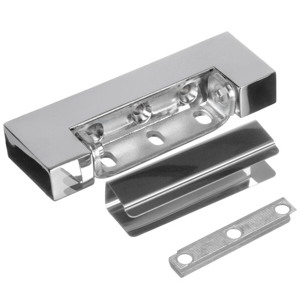 A silver chrome steel Component Hardware Edgemount hinge with two holes.
