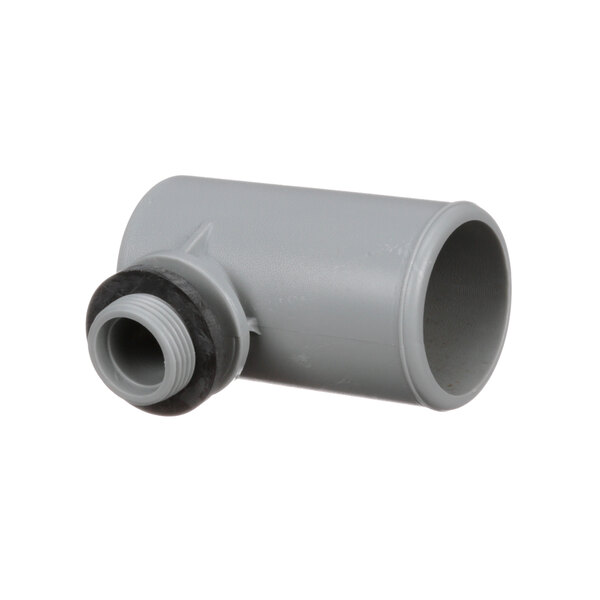 A close-up of a grey plastic Insinger manifold pipe with black rubber caps.