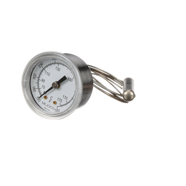A close-up of a T-Meter pressure gauge with a metal handle.