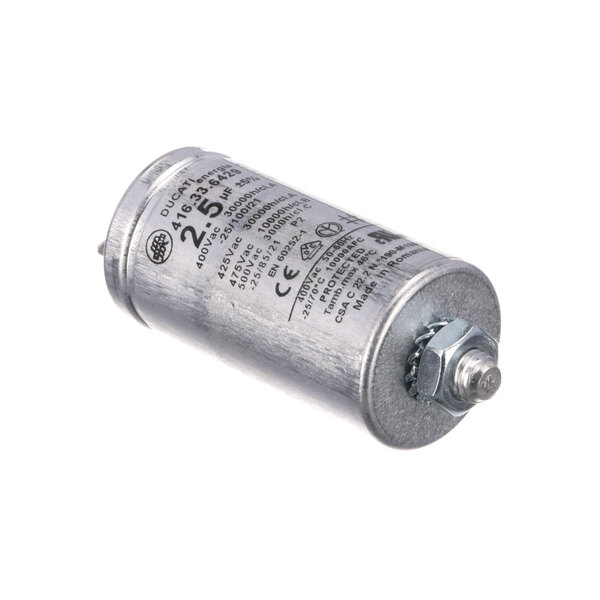 A silver capacitor with black text on it.