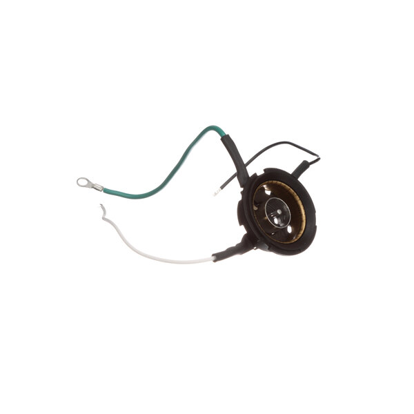 A Wilbur Curtis female wire assembly with black and white wires attached to a black round object with green wires.