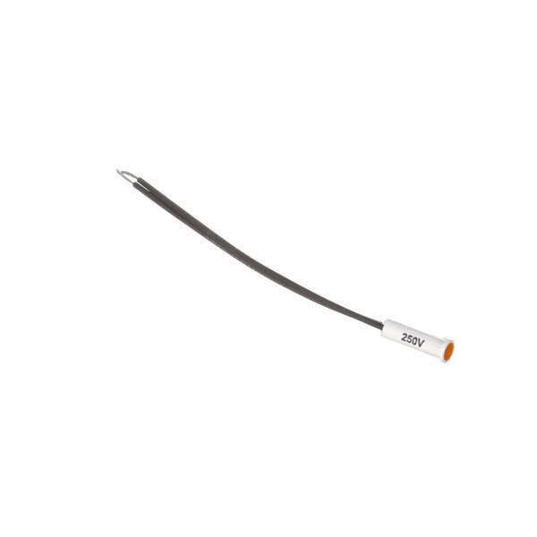 A long black wire with a curved end and a white and orange cable.