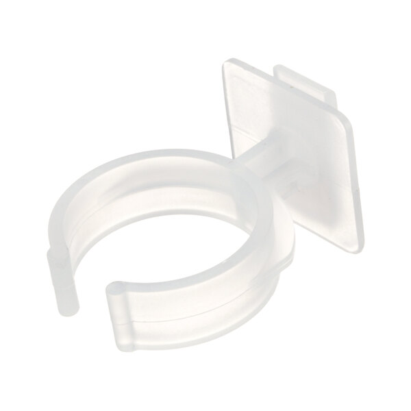 A close-up of a clear plastic Hoshizaki holder ring with a square piece.