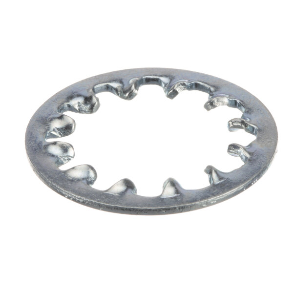 A silver Cornelius internal tooth lock washer with many holes.