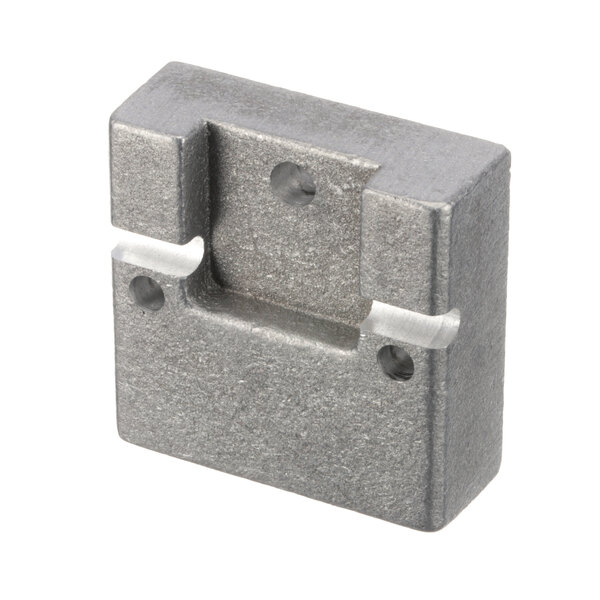 A metal square Henny Penny lid latch bracket with two holes.