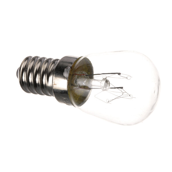 A close-up of a True Refrigeration light bulb with a clear base.
