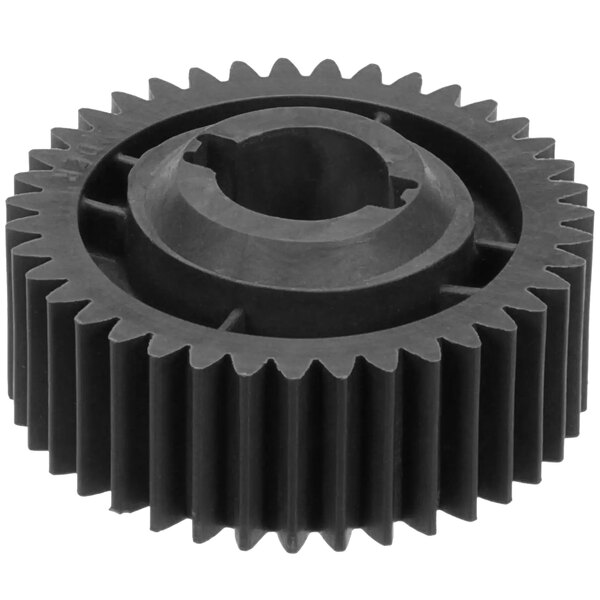 A small black plastic gear with a hole in it.