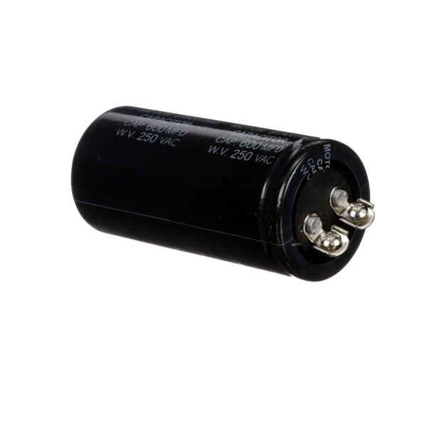 A black round Globe Start Capacitor with silver metal screws.