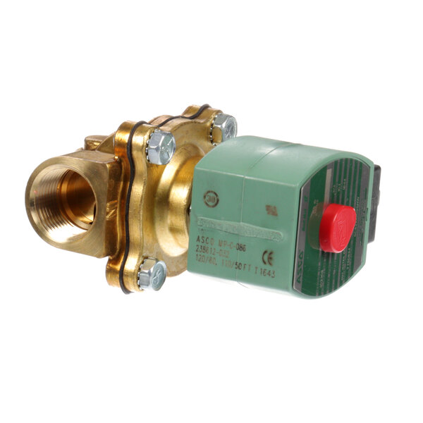 A close-up of a Cleveland brass solenoid valve with red and green caps.
