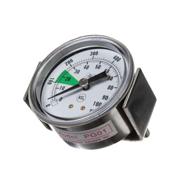 A close-up of a Jackson pressure gauge with green numbers on a white background.