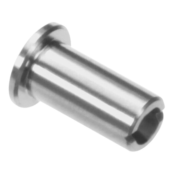 A close-up of a metal cylinder with a threaded stainless steel nut on it.