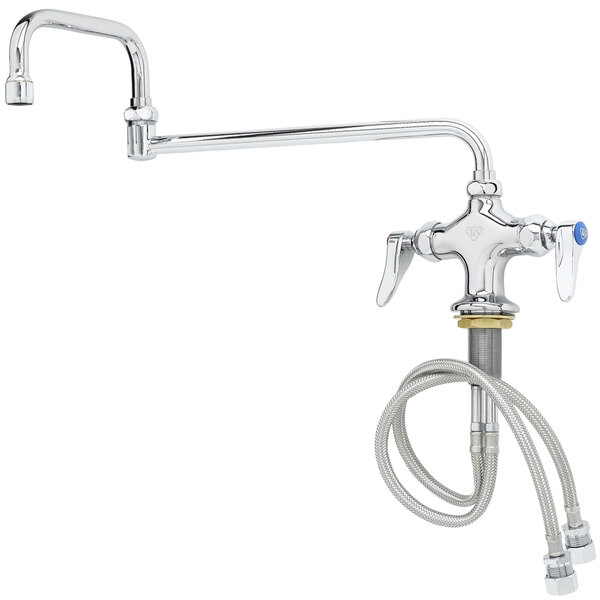 A T&S chrome deck-mounted pantry faucet with flex inlets and a hose.