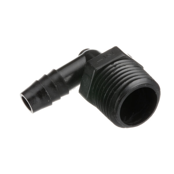A black plastic pipe elbow with a nozzle.