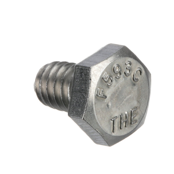A close-up of a hex screw with the word "the" on the head.