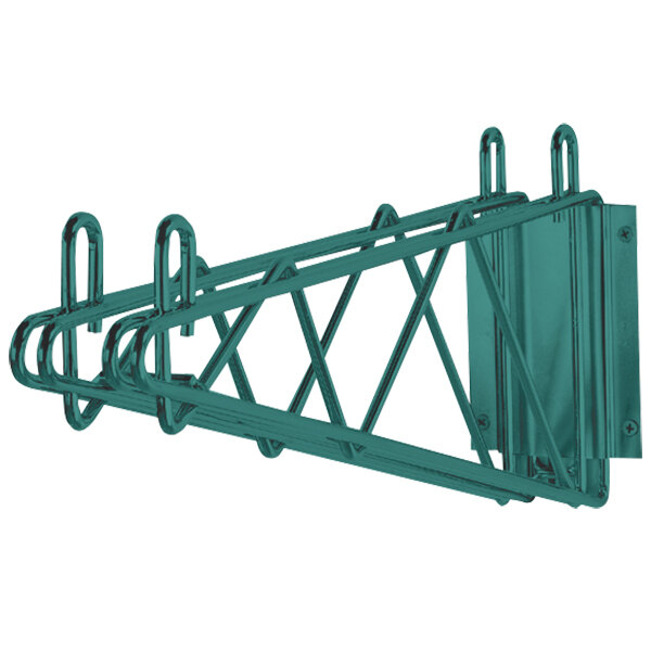 An Advance Tabco green metal wall mounting bracket with two hooks.