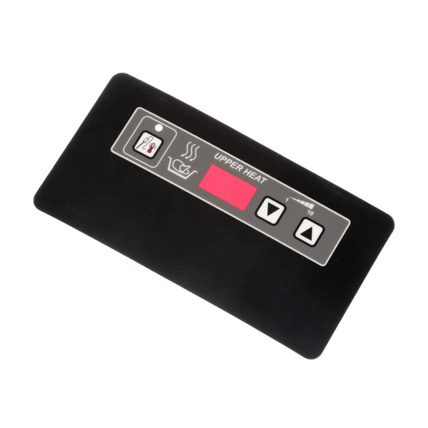 A rectangular black decal with red buttons and a red label.