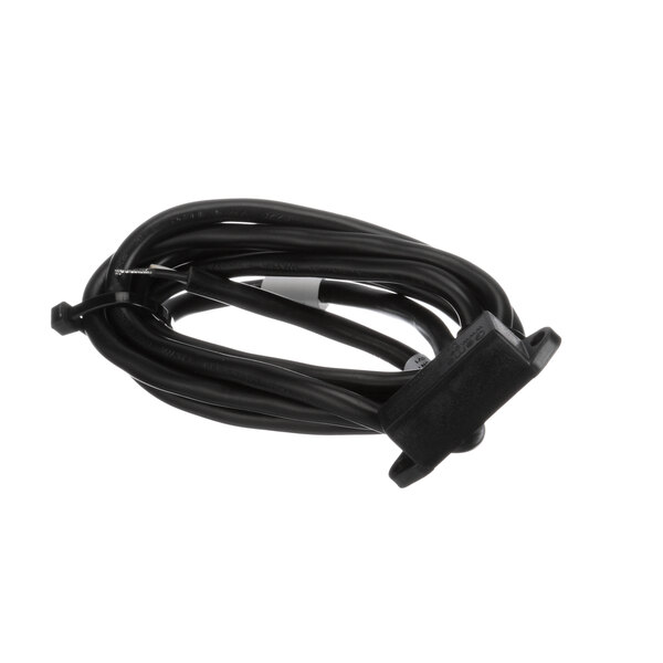 A black cable with a black clip on it.