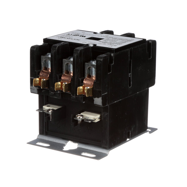 A black Wilbur Curtis single phase contactor with copper colored wires.