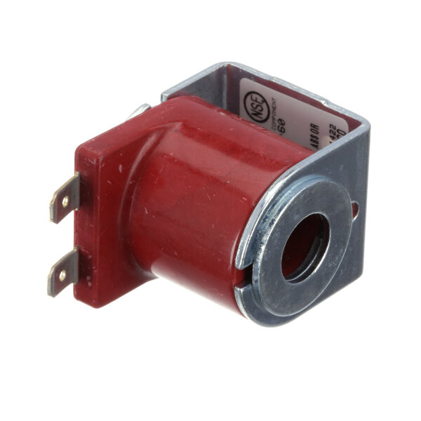 A small red and silver Cornelius solenoid valve with a metal cover.