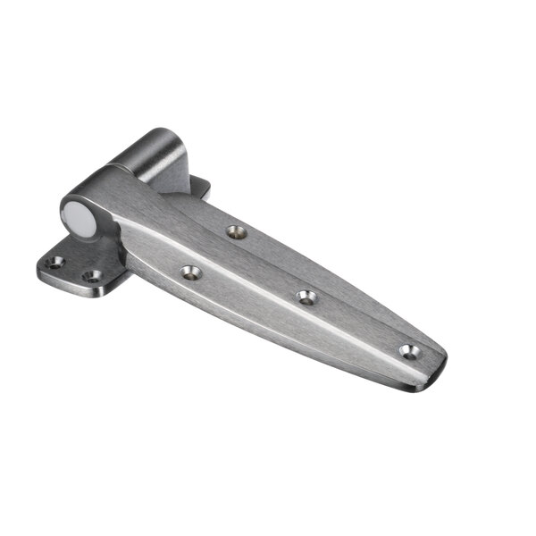 A close-up of a stainless steel Kason hinge with screws.