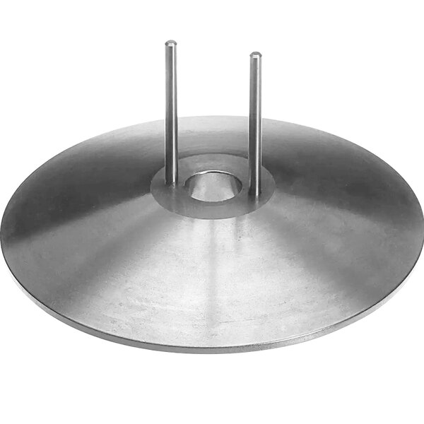 A round metal pedestal with two long metal rods.