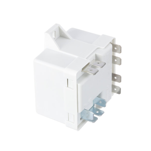 A white Grindmaster Cecilware compressor relay with metal parts and two wires.
