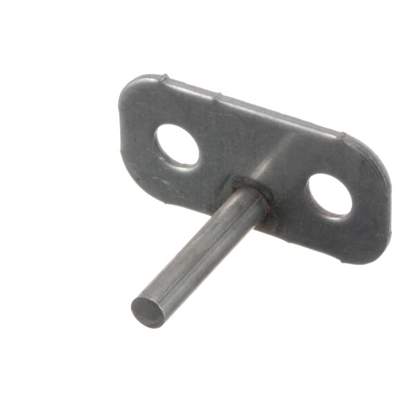 A metal bracket with two holes on a metal rod.