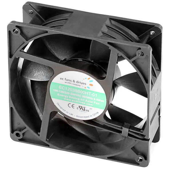 A black Master-Bilt dual voltage fan motor with a white label.