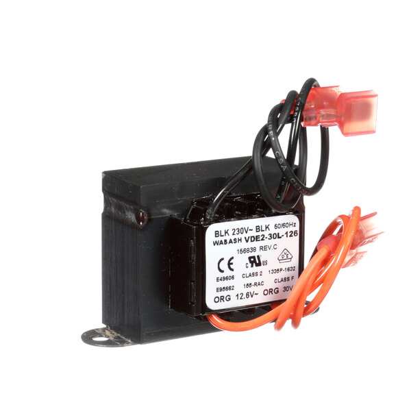 A small black Duke transformer with orange wires.