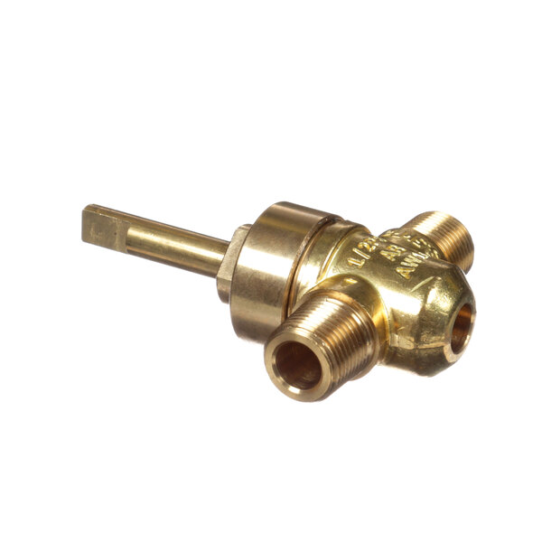A close-up of a brass Imperial gas valve with a gold colored handle.