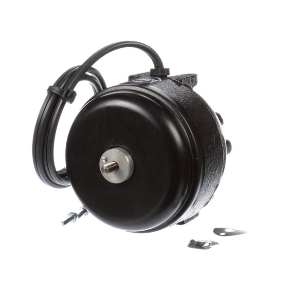 A black round Master-Bilt condenser fan motor with a wire