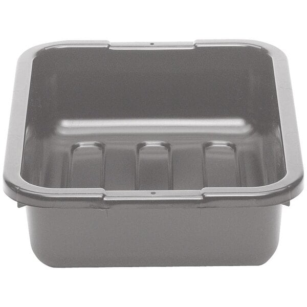 A light gray plastic Cambro bus tub with a ribbed bottom.