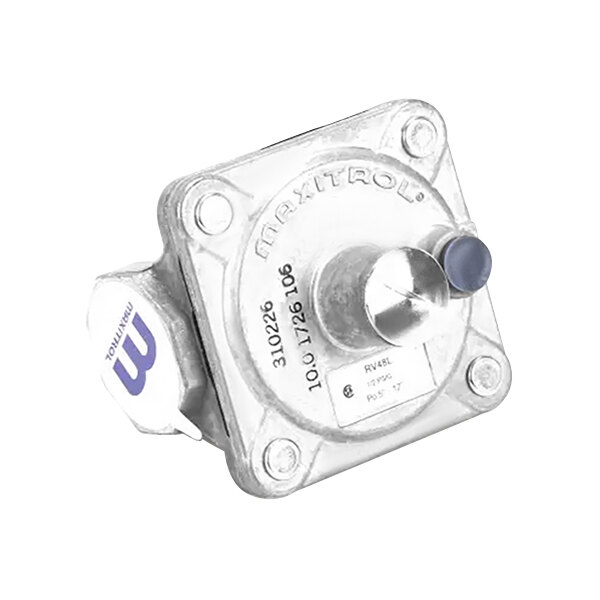 A silver metal Tri-Star regulator with a blue and white label.