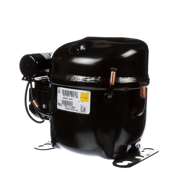 A black Beverage-Air compressor with a white label attached.