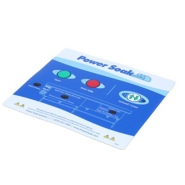 A blue and white rectangular Power Soak control panel with red and green buttons.