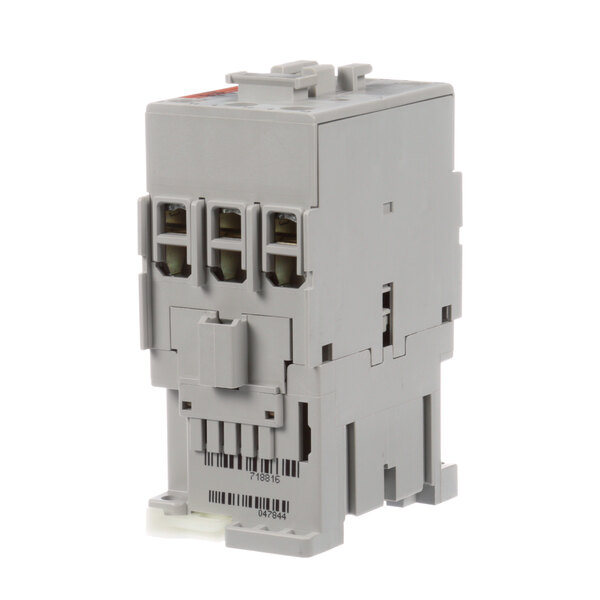 A close-up of a grey Pitco Contactor with two wires.