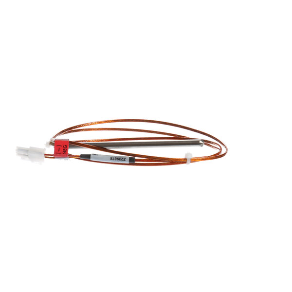 A copper thermocouple wire with red and white connectors.