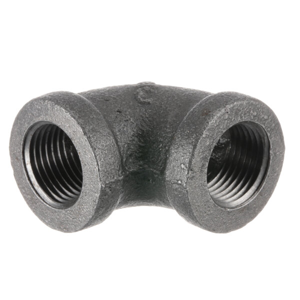 A close-up of a black metal Henny Penny pipe elbow with two nuts on it.