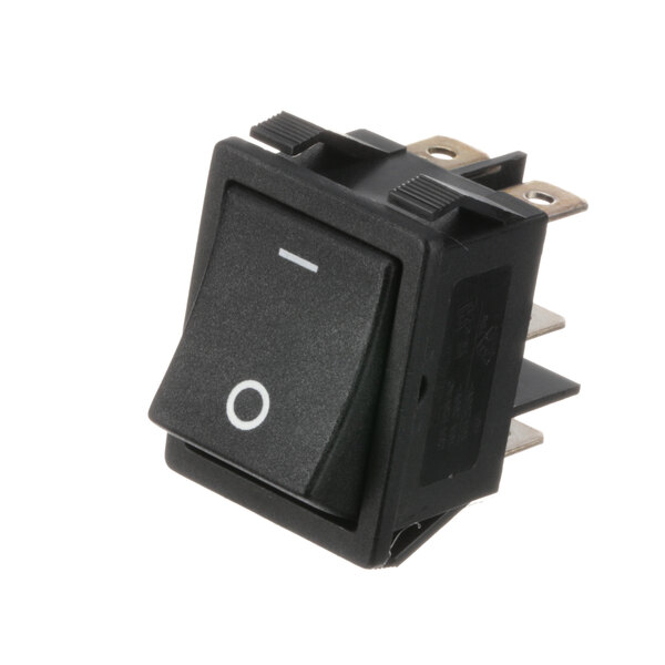 A black Norlake rocker switch with a white circle on the button.