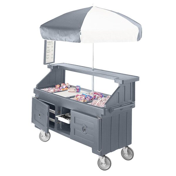 Cambro CVC72191 Camcruiser Granite Gray Customizable Vending Cart with Umbrella and 3 Counter Wells