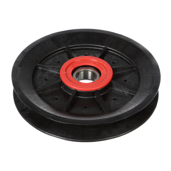 A black and red Caddy pulley wheel with a red rubber ring.