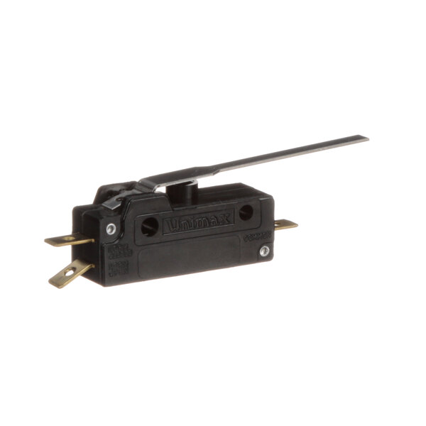A black miniature switch with a long metal blade.