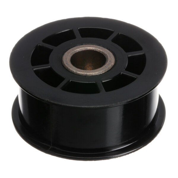 A black plastic pulley wheel with a hole in the center.