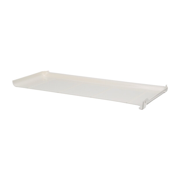 A white plastic tray with a curved edge and a yellow handle.