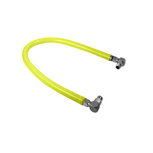 A yellow T&S Safe-T-Link gas hose with two silver metal ends.