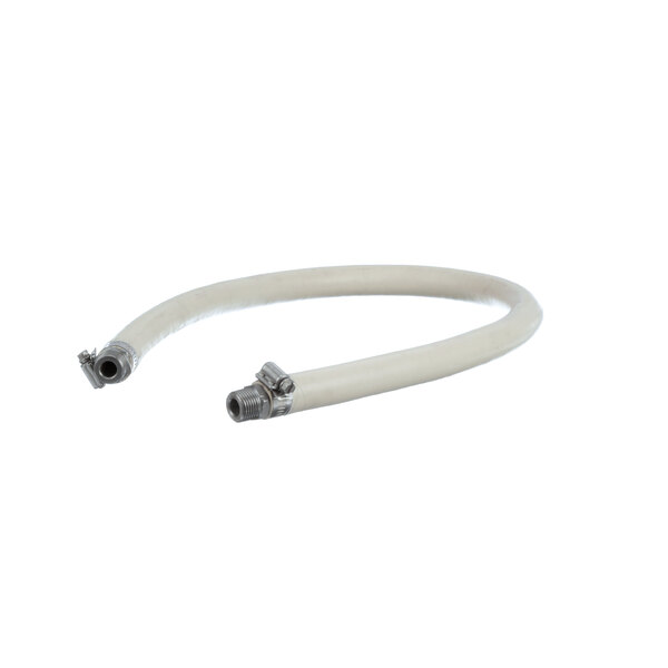 A white flexible hose with a metal nut on one end.