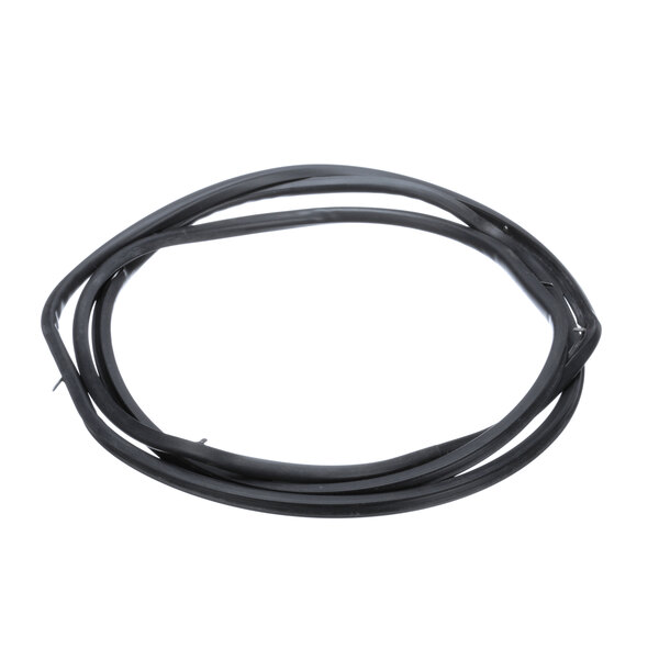 A black rubber band with a black wire on a white background.