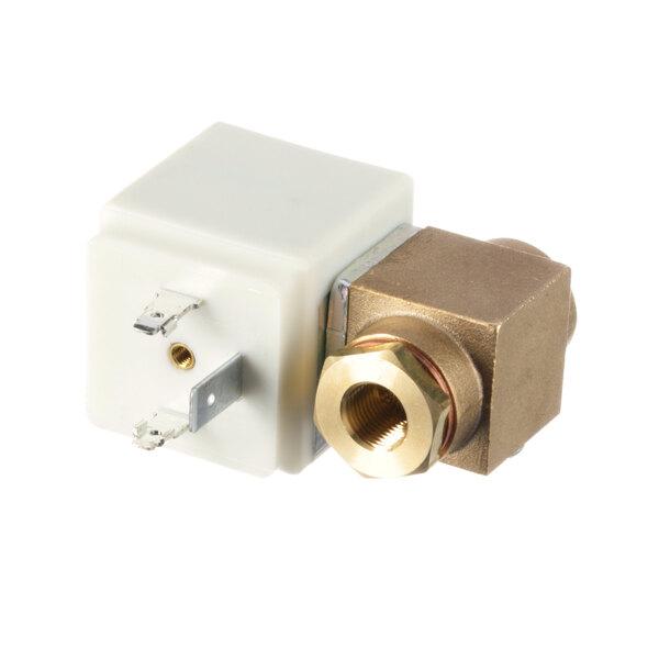 A white and gold Eloma solenoid valve with a brass connector.